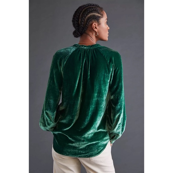 Pilcro for Anthropologie Green Puff-Sleeved Velvet Buttondown NWT Medium - Picture 5 of 12